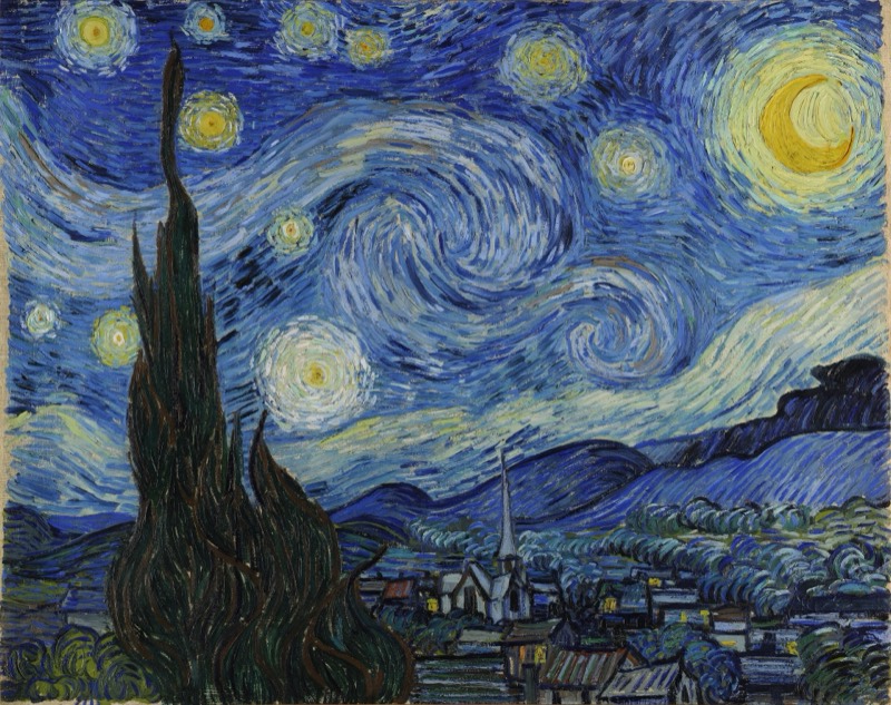 梵高 1889 年《星月夜》完整画面，旋转的蓝色星空、黄色月亮、柏树与村庄
